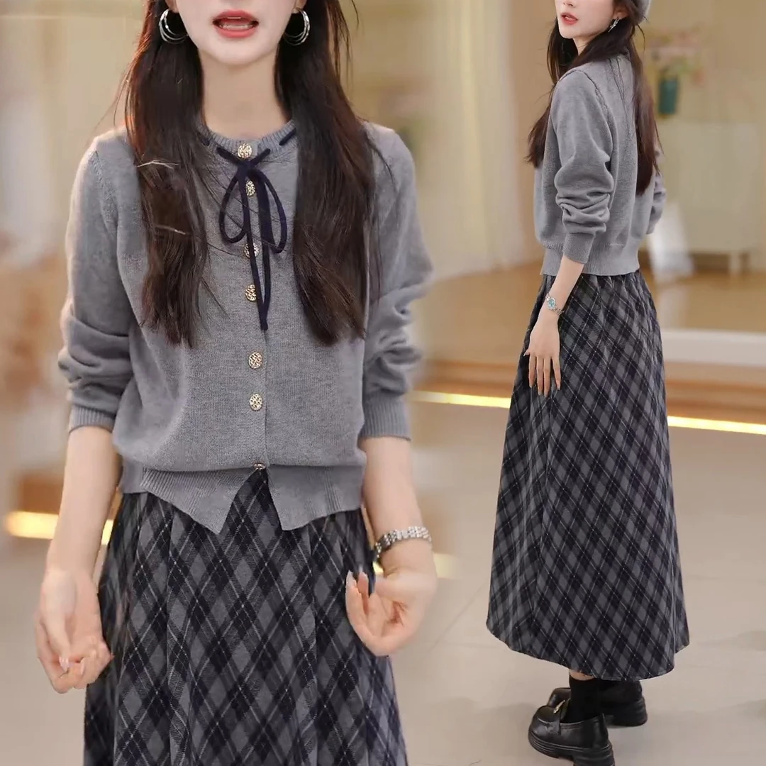 秋季新款休闲显瘦时尚气质两件套洋气针织衫上衣格子半身裙套装潮