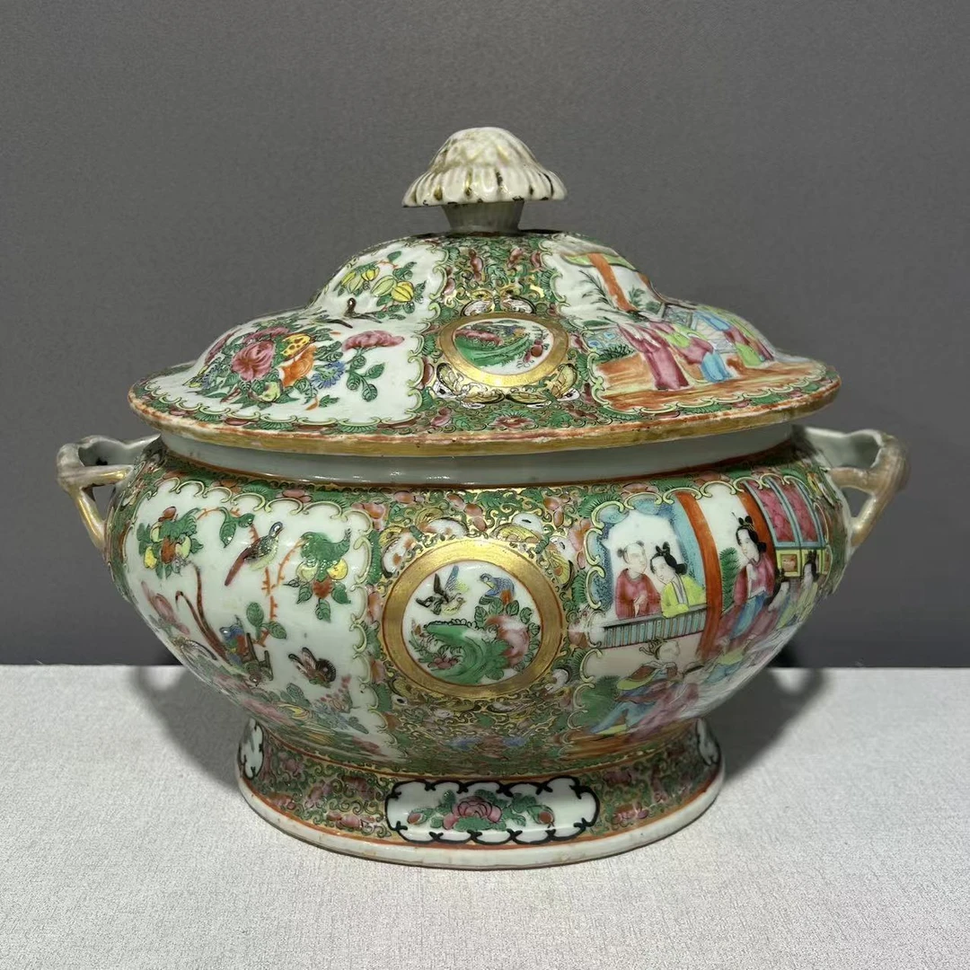 A0816074  清晚期 广彩人物花鸟纹盖盆（口径约25.5  高29）