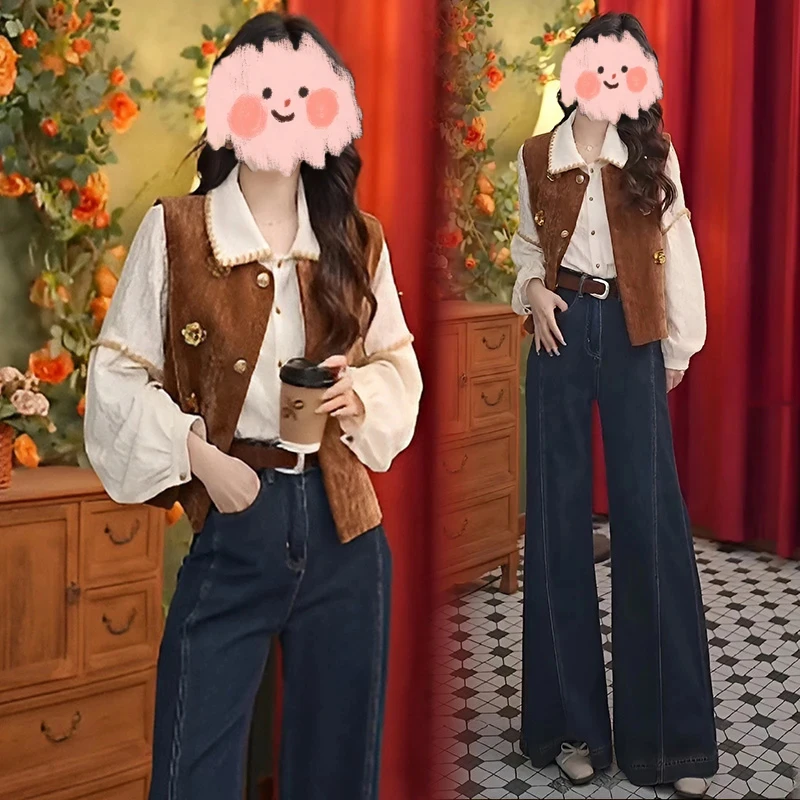 2025春秋搭配一整套装复古港风气质减龄显瘦衬衫马甲阔腿裤三件套