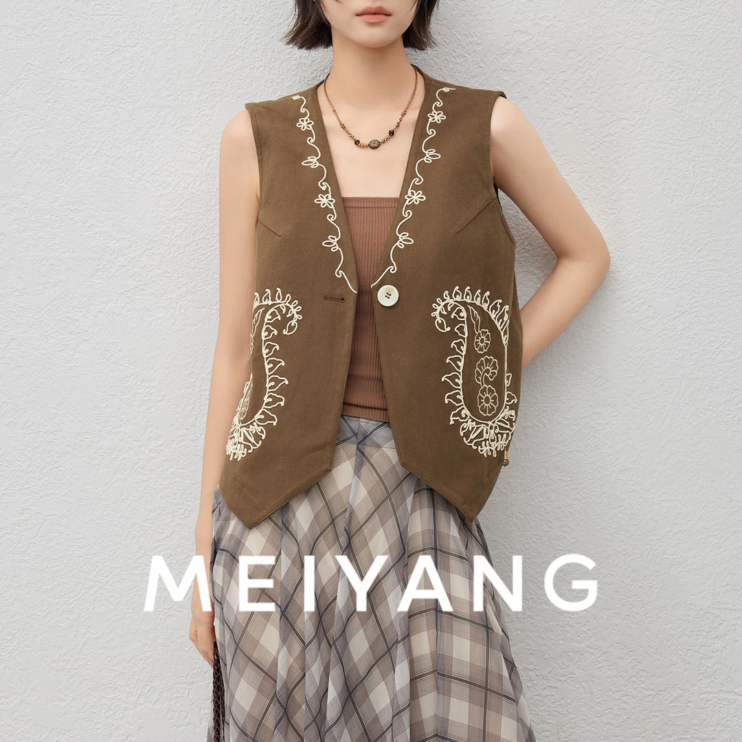 美洋MEIYANG【商场同款】佩斯利马甲 绣花V领花边无袖马夹针织时尚