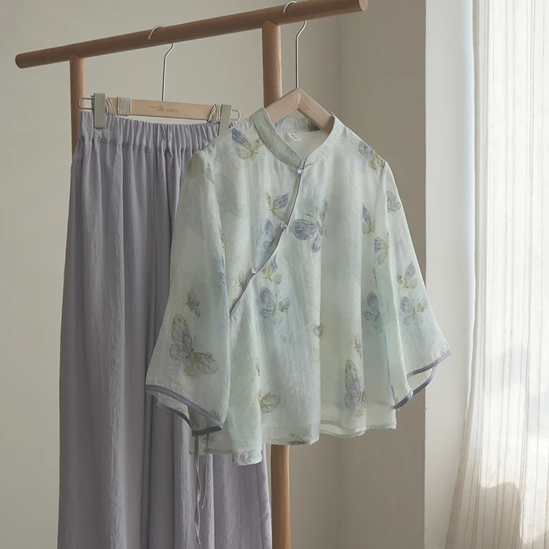 4735《落月晚舟》原创新中式国风2025夏季新款蝴蝶印花斜襟上衣