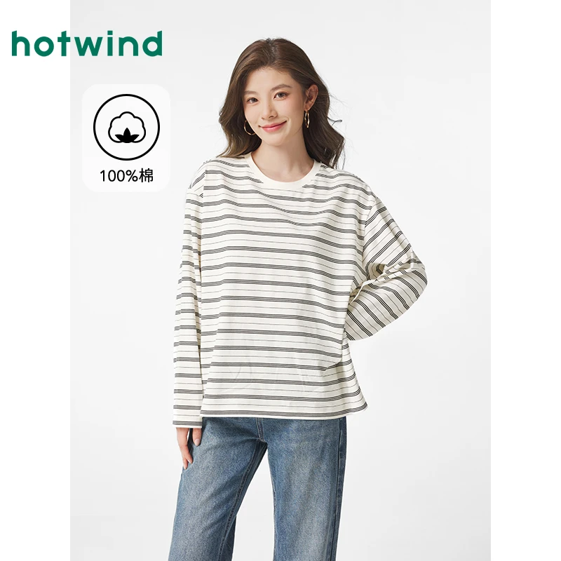 热风女士长袖T恤2025年春季新款条纹内搭日系打底衫上衣F09W25104