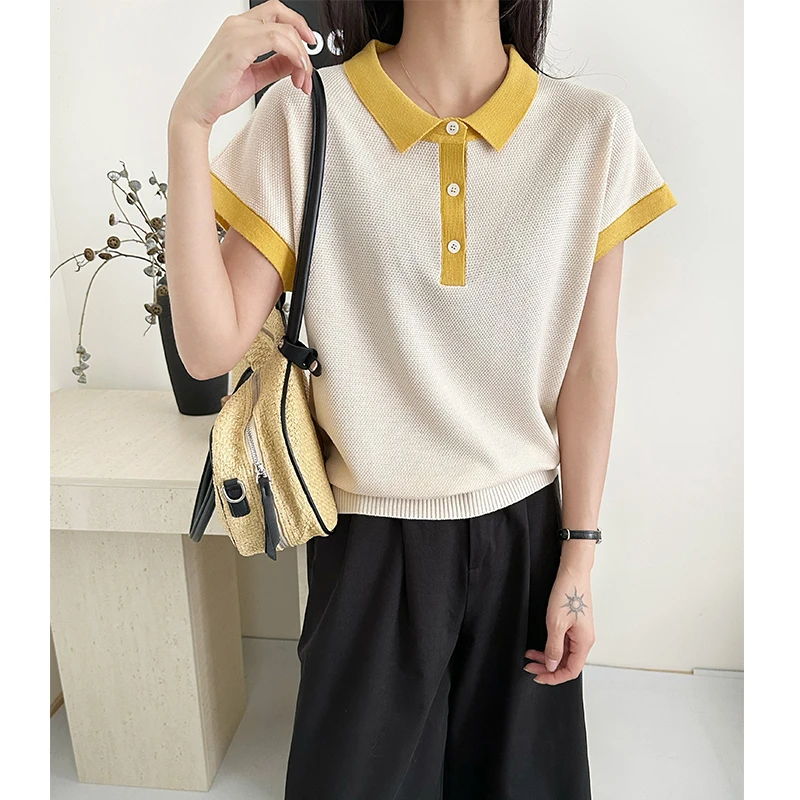 拼色polo领飞飞袖针织衫女短袖薄款夏季新款时尚洋气宽松打底衫