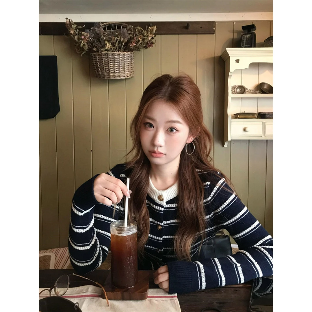 韩系撞色条纹长袖开衫毛衣外套女秋装新款修身收腰短款针织衫上衣