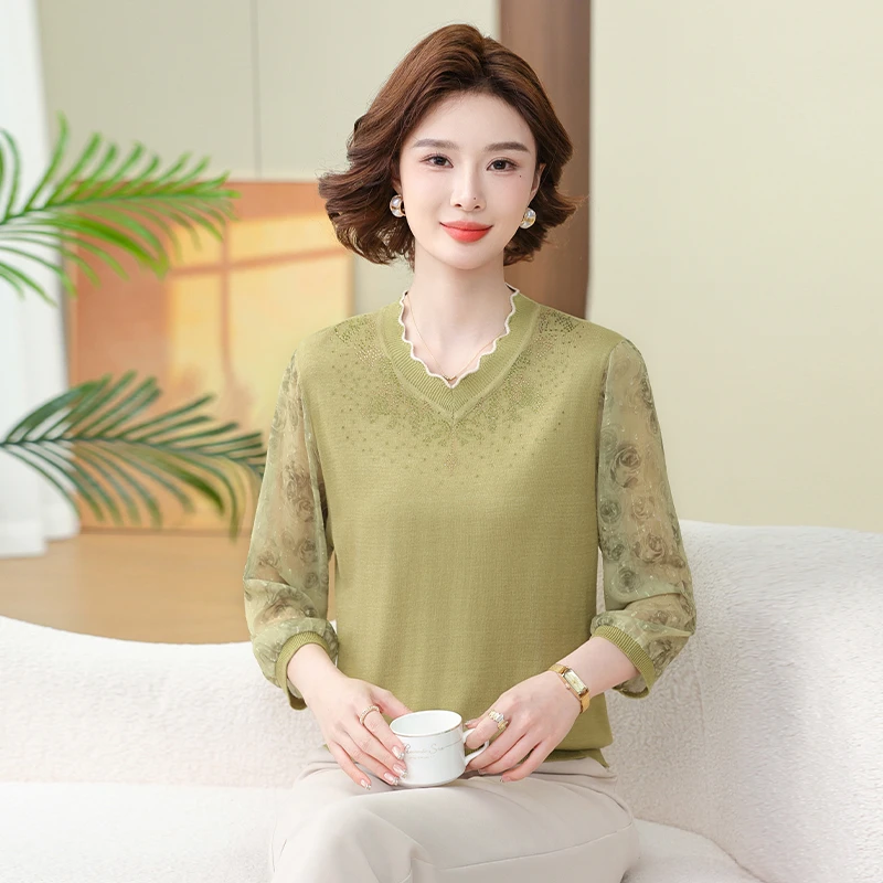 妈妈装中老年毛衣休闲时尚透气50到60纱袖针织V领年轻款修身简约