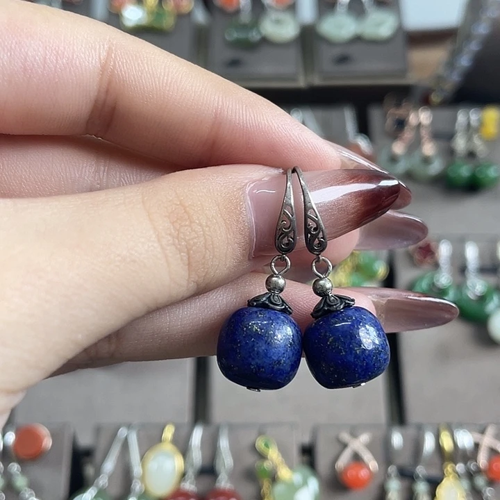 青金石银S925镶嵌耳饰12左右