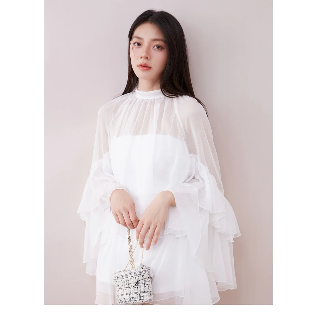 【胖虎家】夏季新款 S 甜美优雅薄纱雪纺荷叶边衬衫短裙裤套装