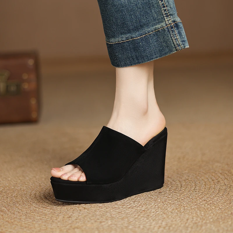 10cm百搭厚底坡跟鞋真皮露趾防水台高跟鞋小个子休闲外穿凉拖鞋