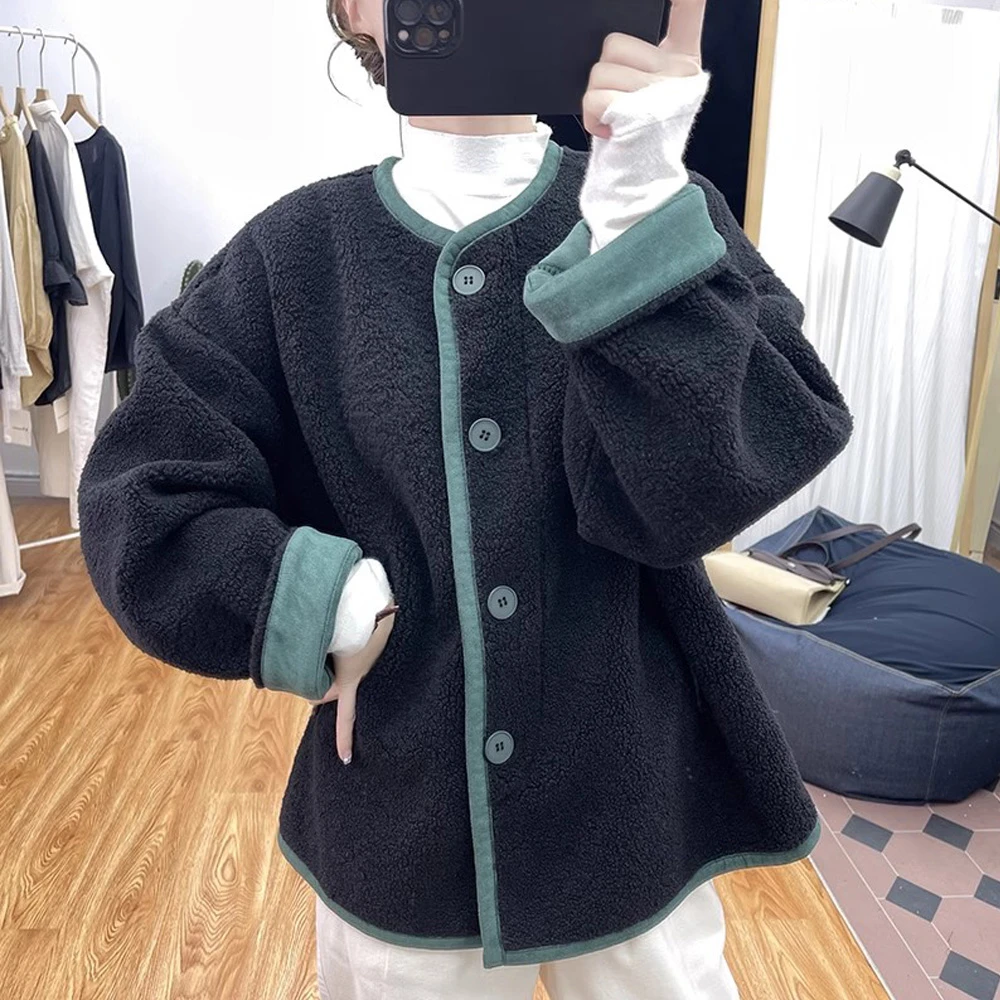 冬装2025新款设计拼色仿羊羔毛外套女小个子上衣圆领宽松毛绒大衣