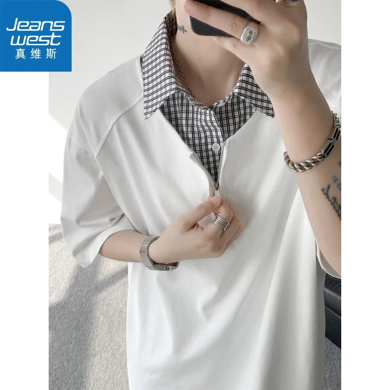 真维斯美式格子拼接重磅短袖t恤男夏季新款假两件polo衫潮牌潮流