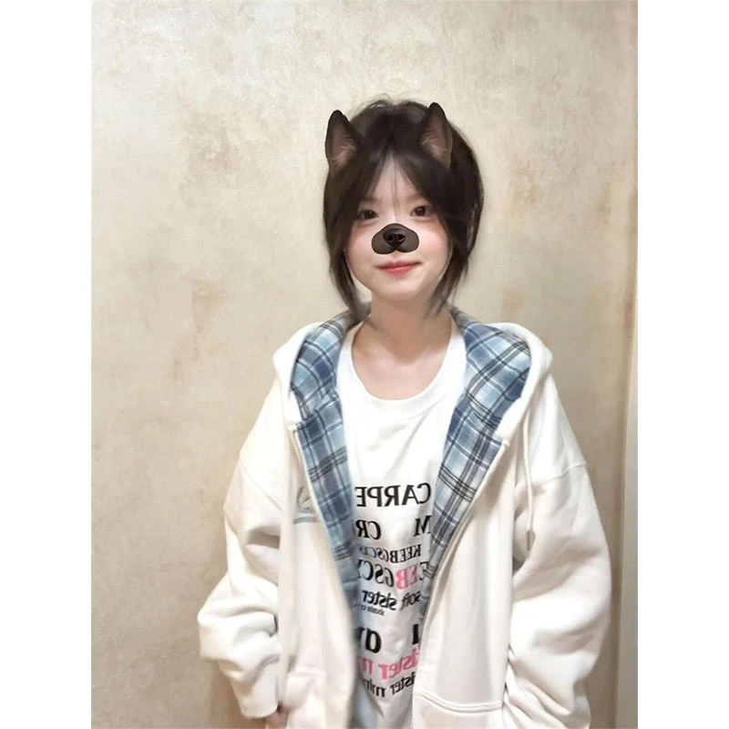 INS超火！韩系学院风格纹拼接连帽开衫卫衣女秋冬加绒加厚宽松外套