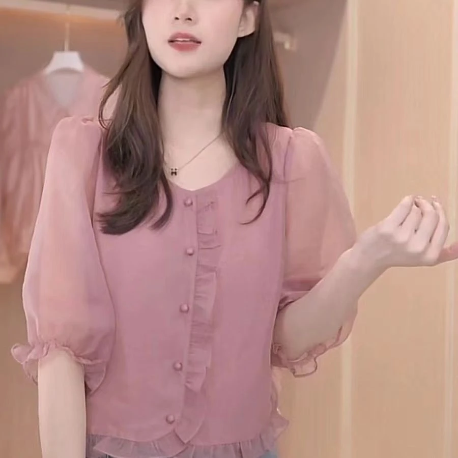 法式复古泡泡袖衬衫女2025夏季新款耳边边宽松显瘦减龄雪纺睡衣女
