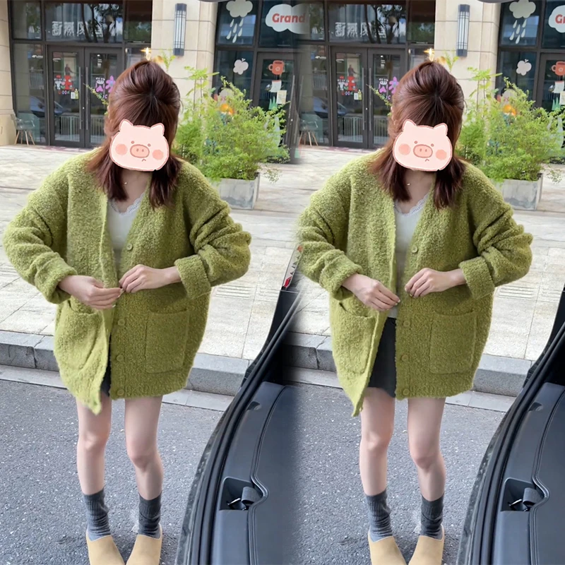 牛油果绿高级感v领针织开衫女秋冬时尚洋气慵懒风毛衣外套上衣潮