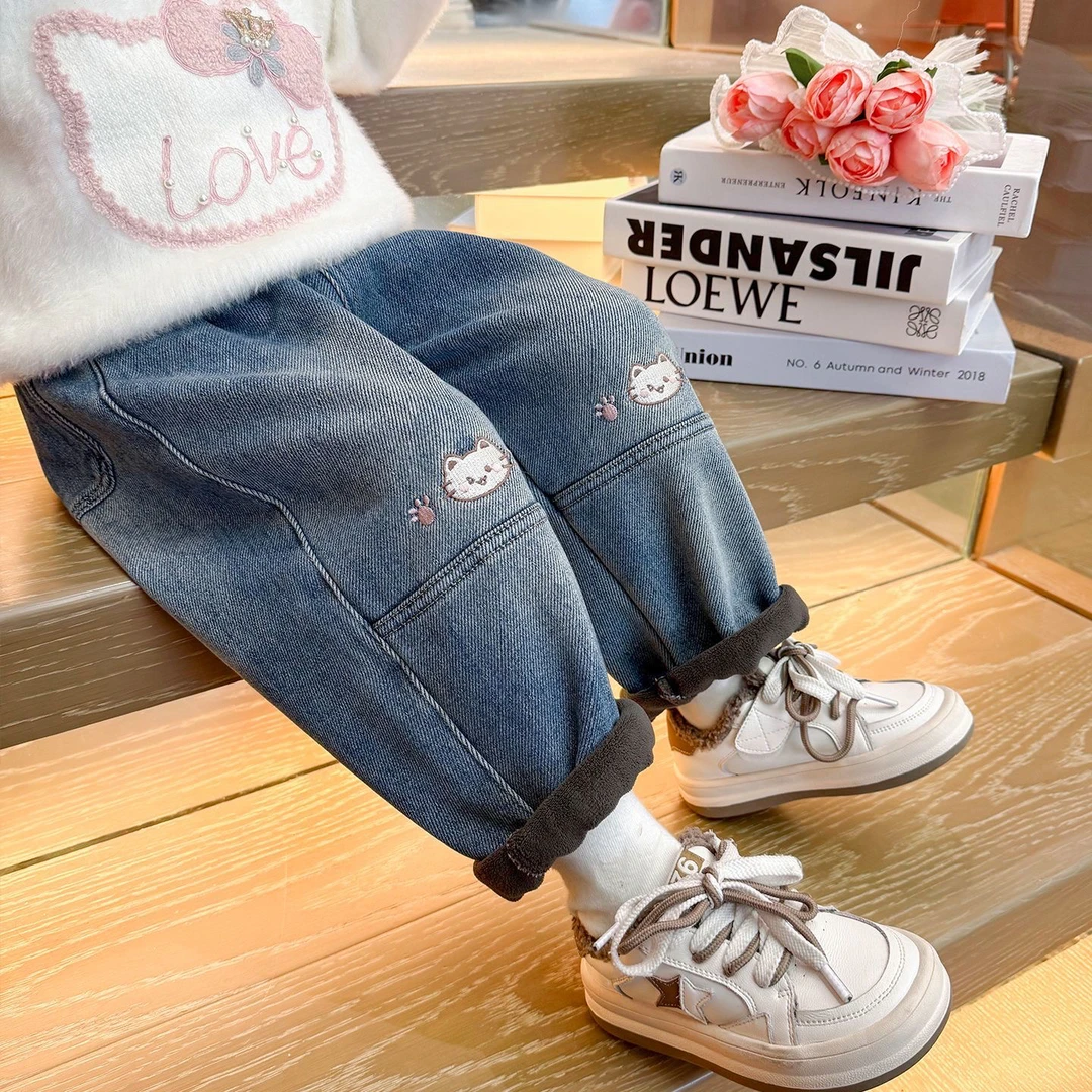 女童加绒裤子2025新款冬季宽松加厚儿童牛仔裤洋气女宝保暖裤冬款