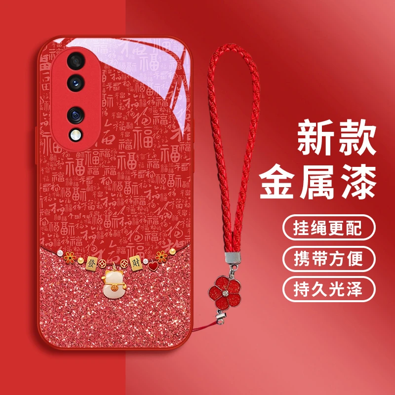 新年妆饰适用华为荣耀70手机壳honor70pro玻璃女款挂绳70pro+奢华