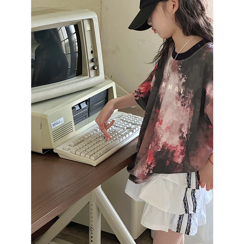 K28530美式扎染女童短袖T恤2025夏装新款儿童上衣宽松休闲打底衫t