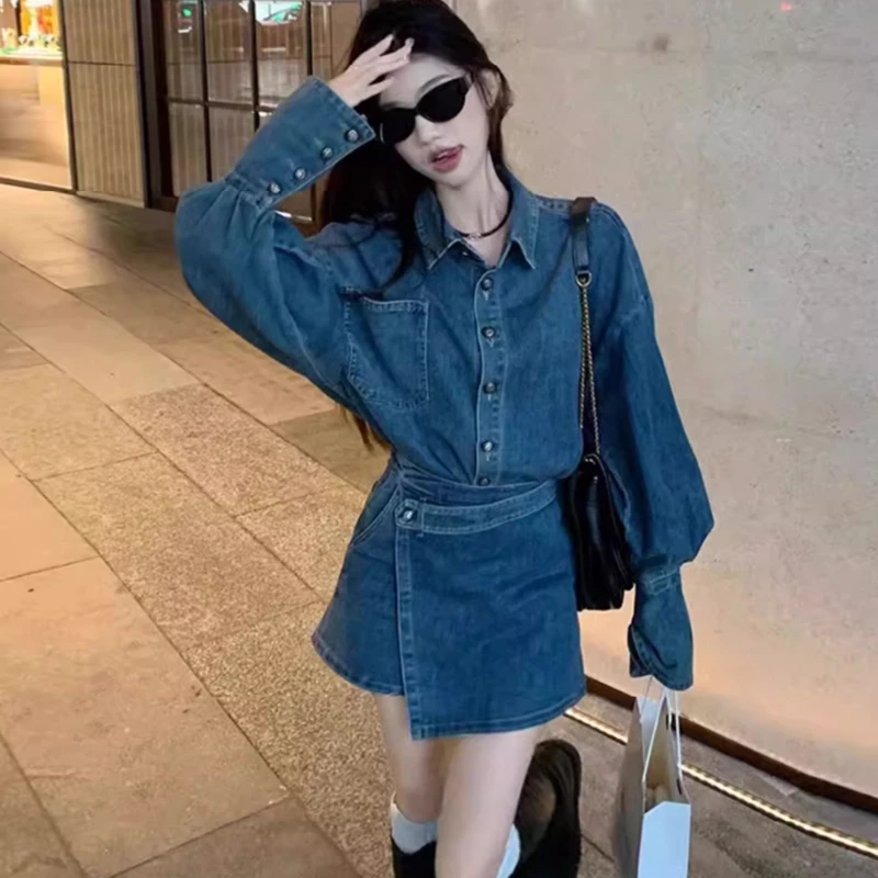 韩版蓝色休闲上衣石墨厘的迪克曲美式复古牛仔套装女高腰裙裤宽松