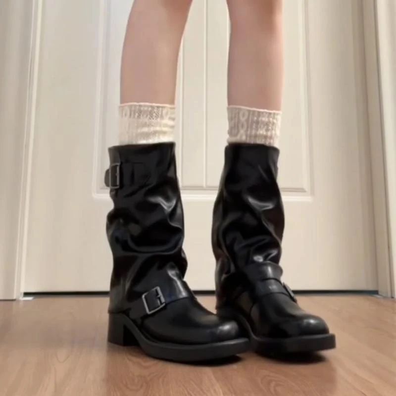 牛皮版~复古风圆头套筒马丁靴女粗跟厚底5cm骑士靴堆堆短筒裤管靴