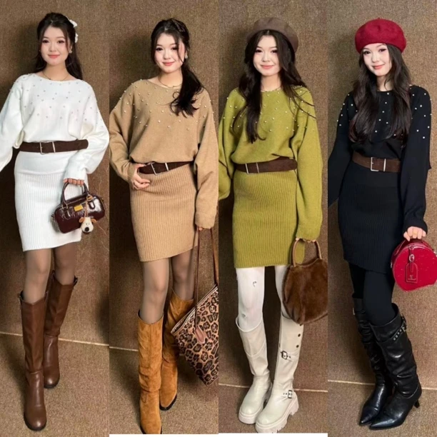 Rayhon 秋冬轻奢露肩珍珠亮钻针织包臀连衣裙时尚修身显瘦外穿