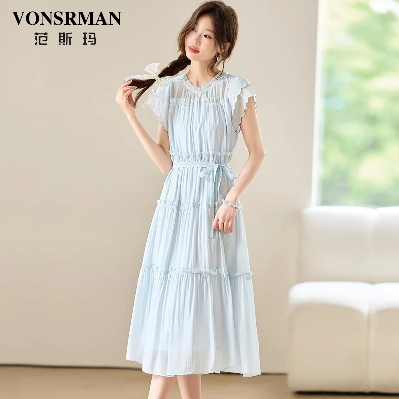 2025夏季新款法式气质收腰显瘦连衣裙女洋气减龄飞飞袖天丝长裙子