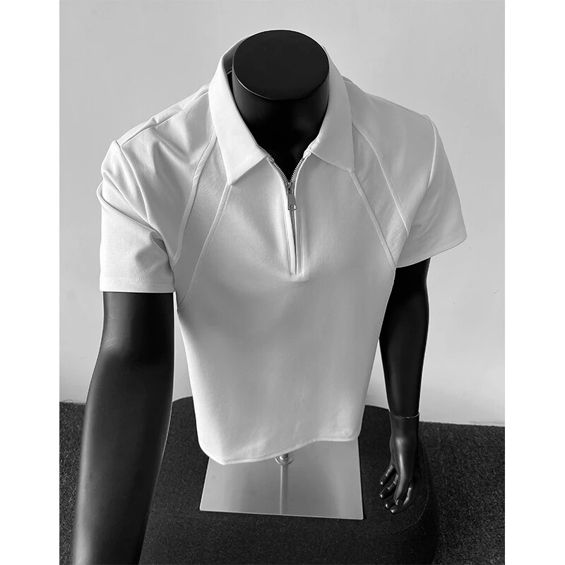 半拉链解构重磅短袖T恤男款夏季cleanfit美式高街廓形正肩五分袖