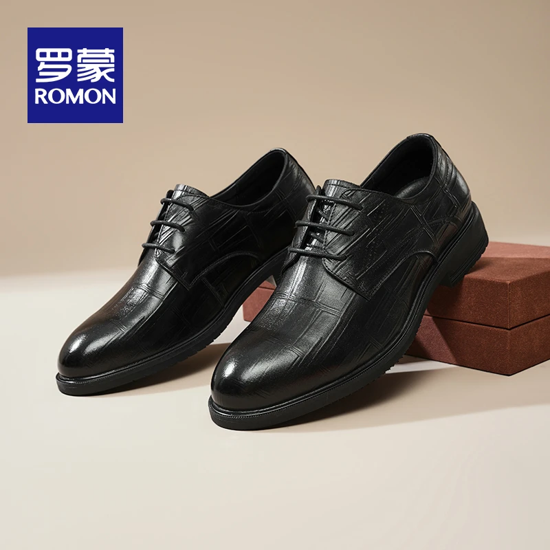 Romon/罗蒙男鞋秋冬新款商务风增高加绒软底皮鞋德比鞋男款婚鞋