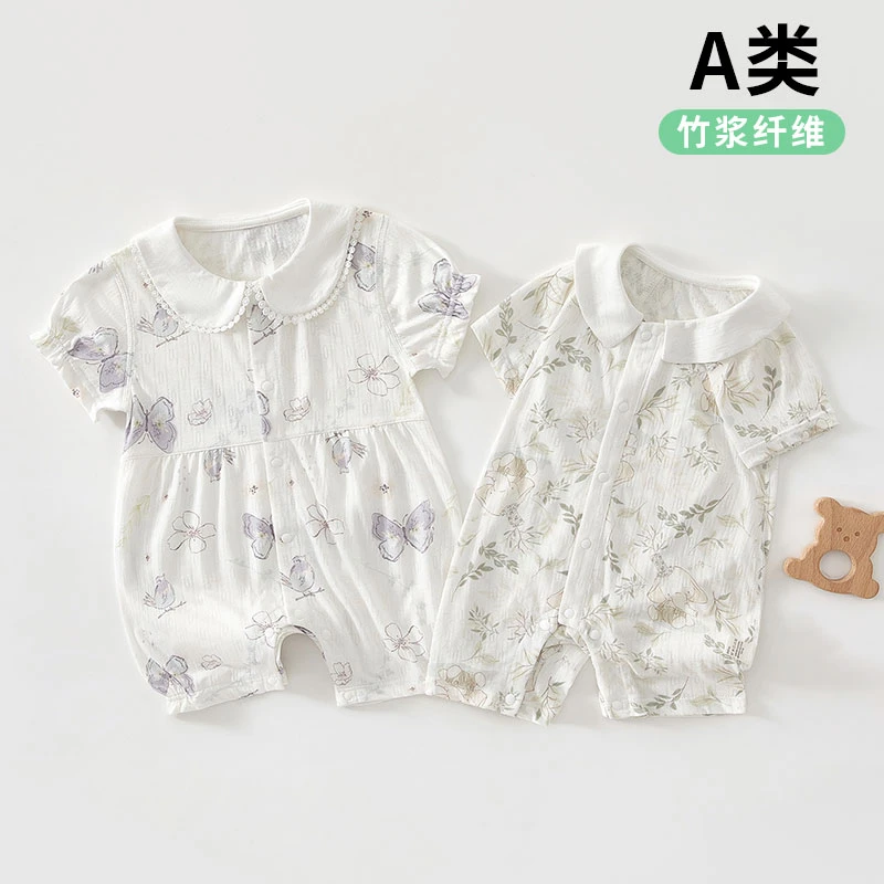 薄款竹浆纤维婴儿连体衣夏季短袖和尚服新生儿宝宝哈衣外出服