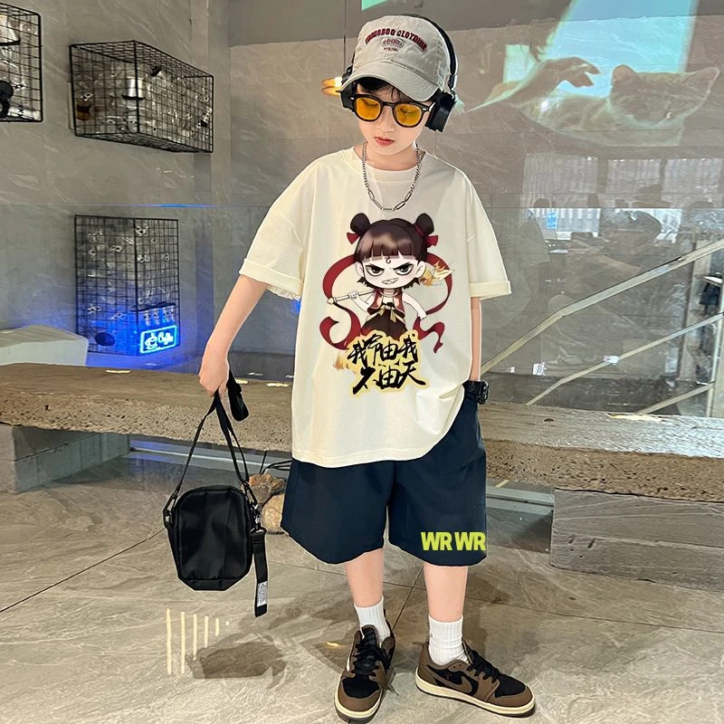 儿童男孩纯棉T恤短裤宽松套装中大童夏季新款哪吒t恤五分裤两件套