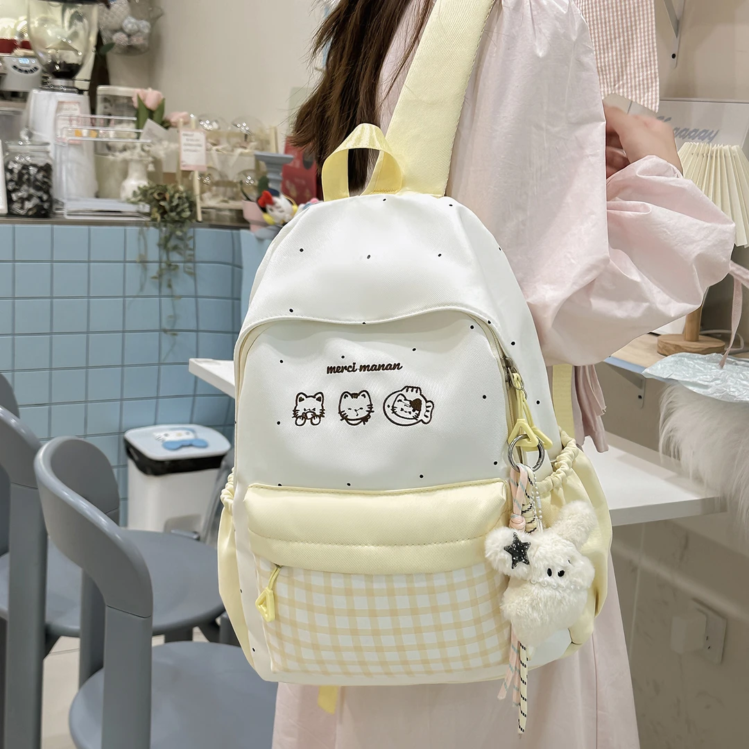 高颜值书包女可爱初中生ins风格子波点背包高中学生大容量双肩包