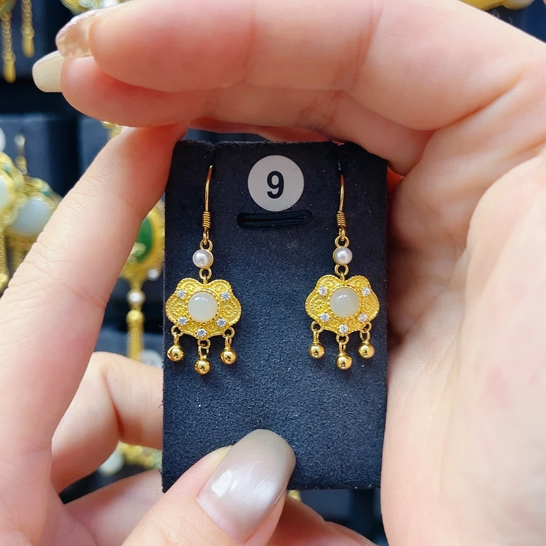 和田玉银S925镀金镶嵌耳饰