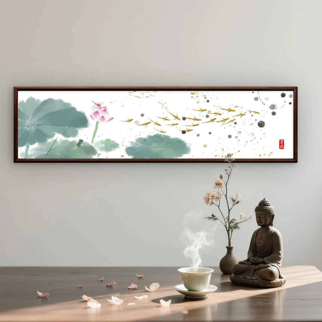 9688-40*150写意荷花中式实木框办公室玄关书房茶室客厅挂画