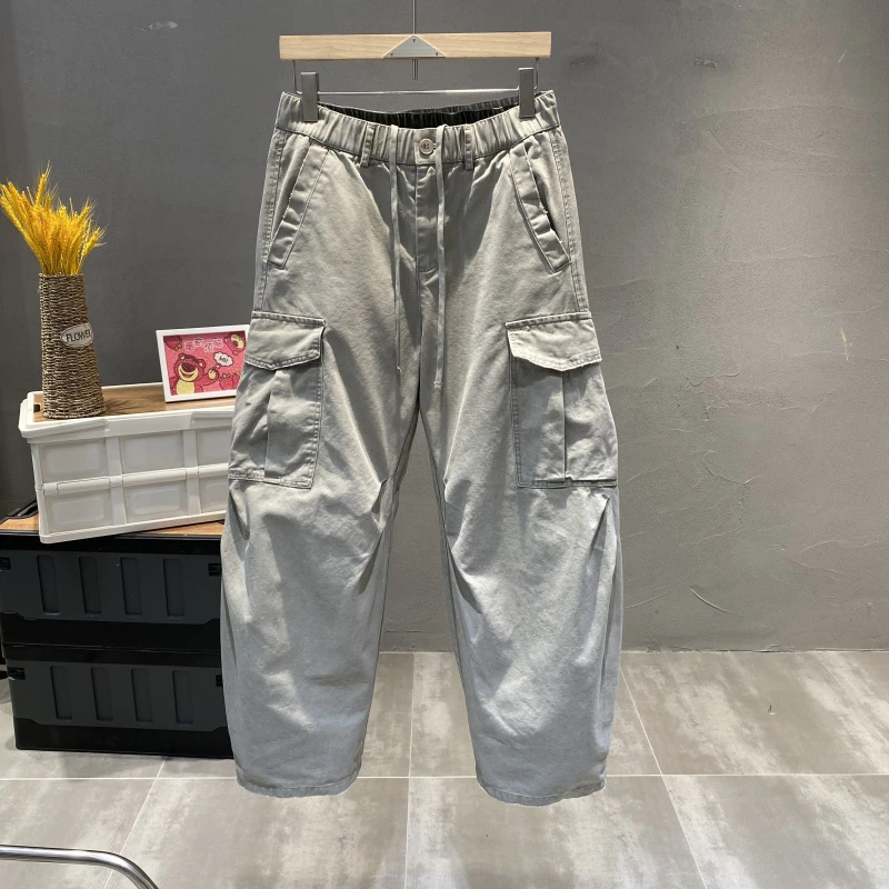 休闲裤潮美式痞帅工装裤宽松口袋抽绳长裤男士水洗阔腿直筒长裤
