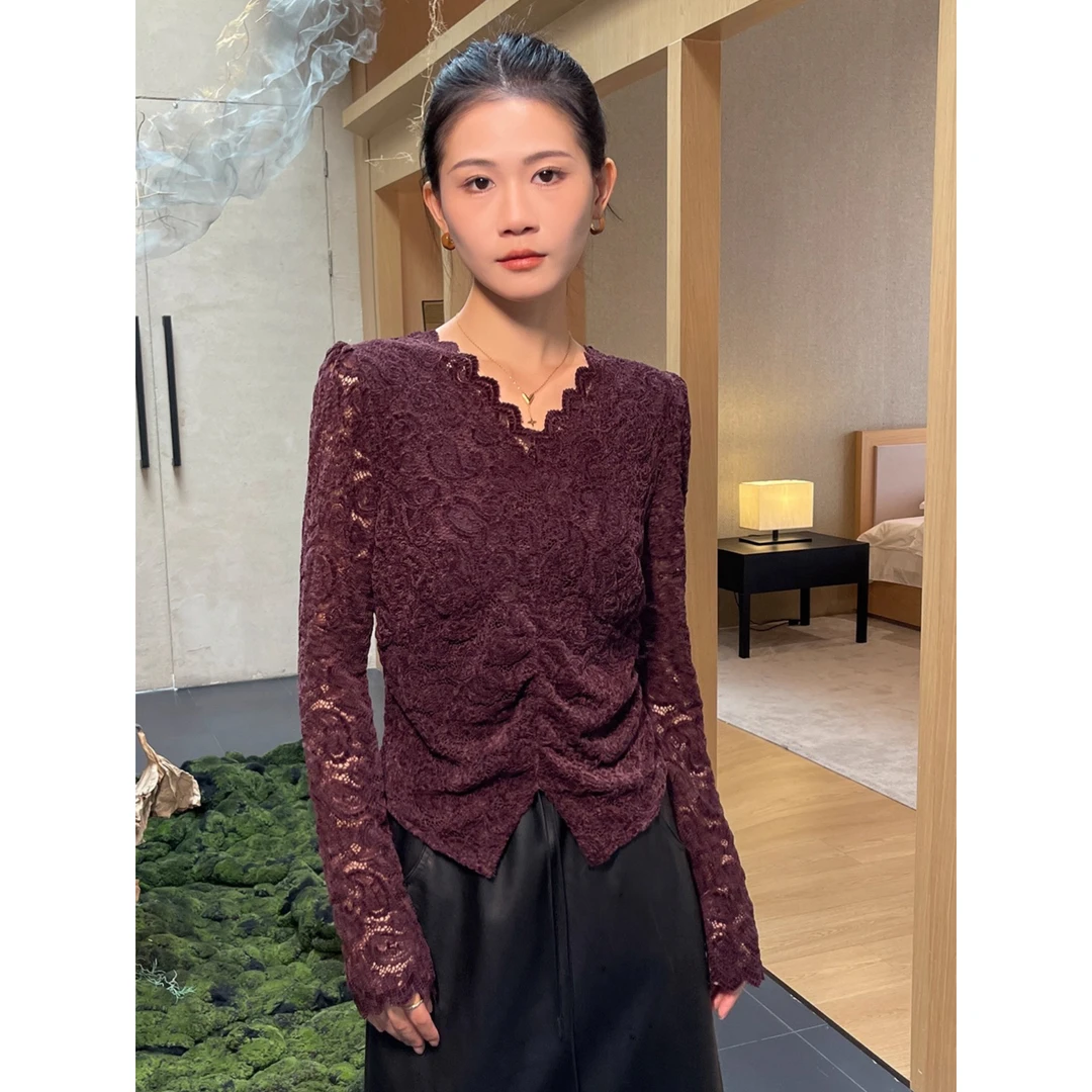 v领蕾丝打底衫女2025新款秋季修身长袖t恤开叉外穿内搭上衣高级感