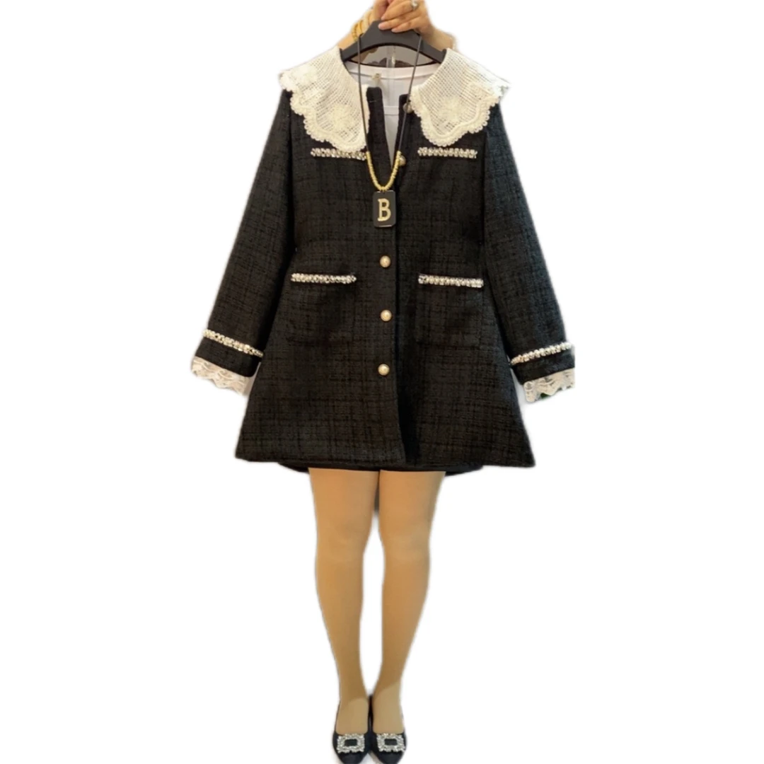 冬季新款女装加棉小香风防寒保暖娃娃领设计纯色减龄胖妹妹外套女