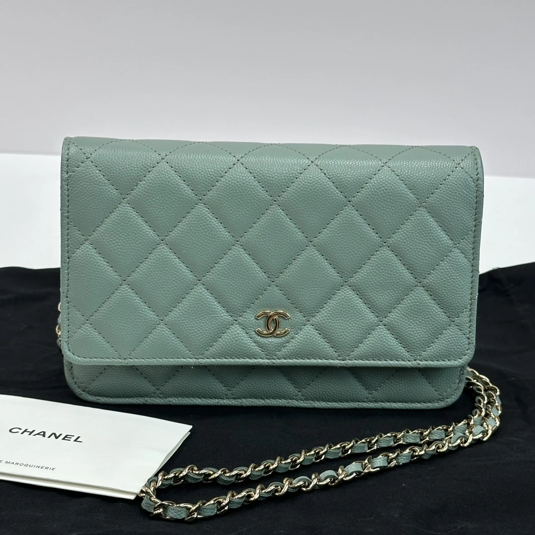 95新 Chanel/香奈儿 绿金荔枝牛皮woc链条单肩斜挎包 07124