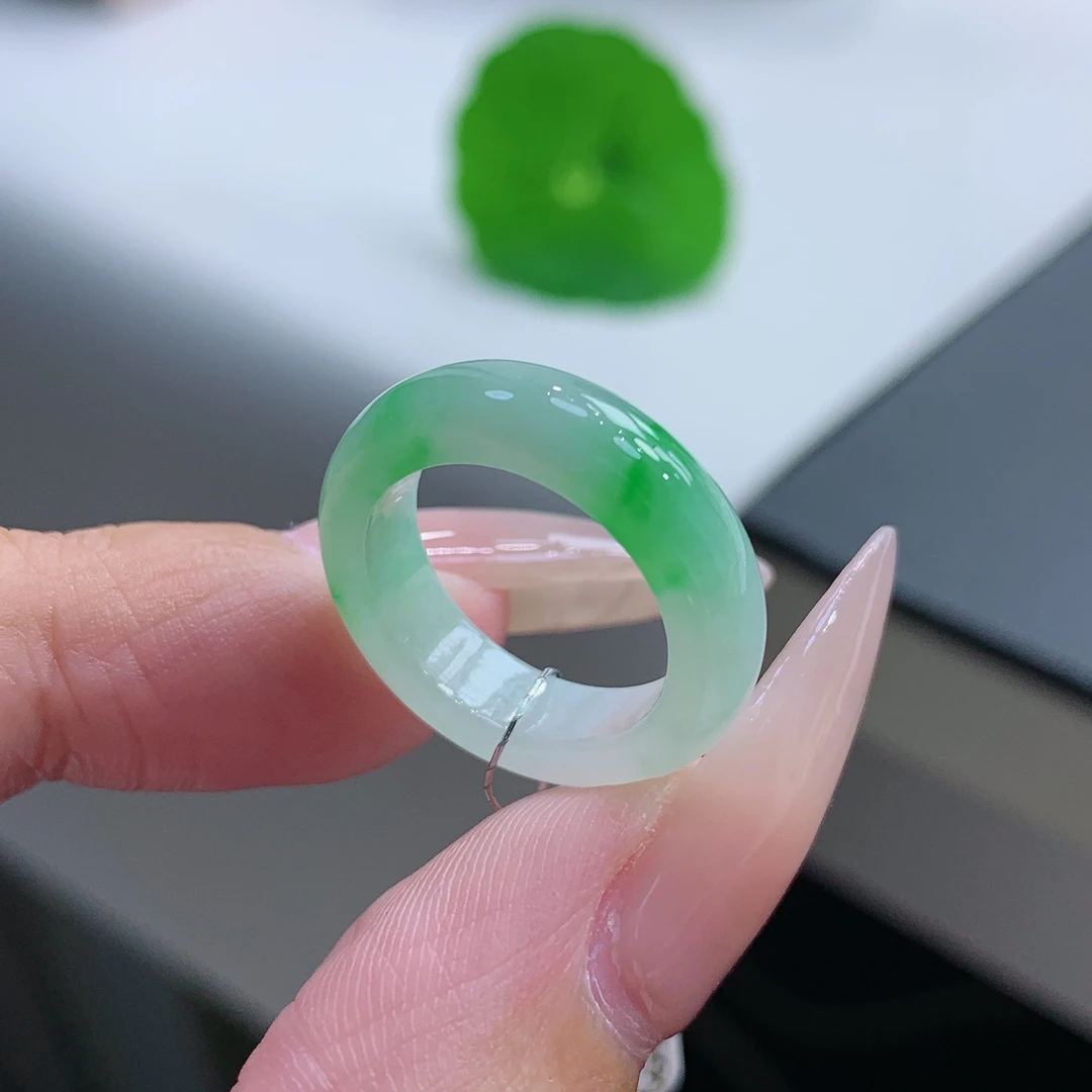 7-8圈口 缅甸天然A货翡翠 白底青戒指指环 内径14.5-5.1-3.3mm