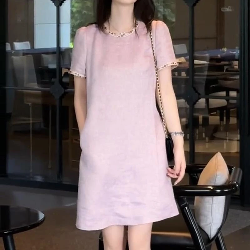 2025夏季新款法式小香风连衣裙女高级感洋气减龄粉色中长款a字裙