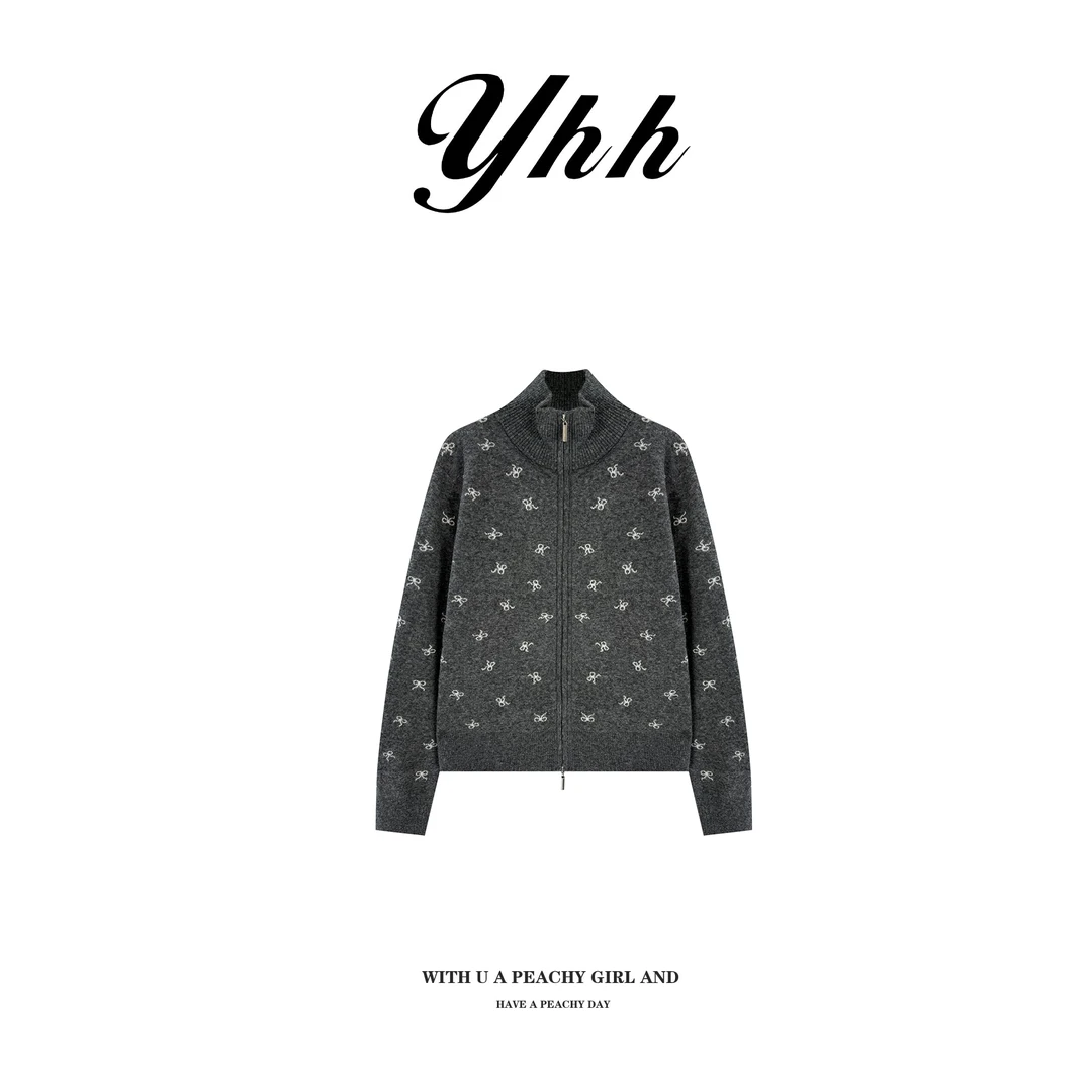 【YHH】冬季韩版减龄蝴蝶结立领拉链针织毛衣开衫-YHW5243