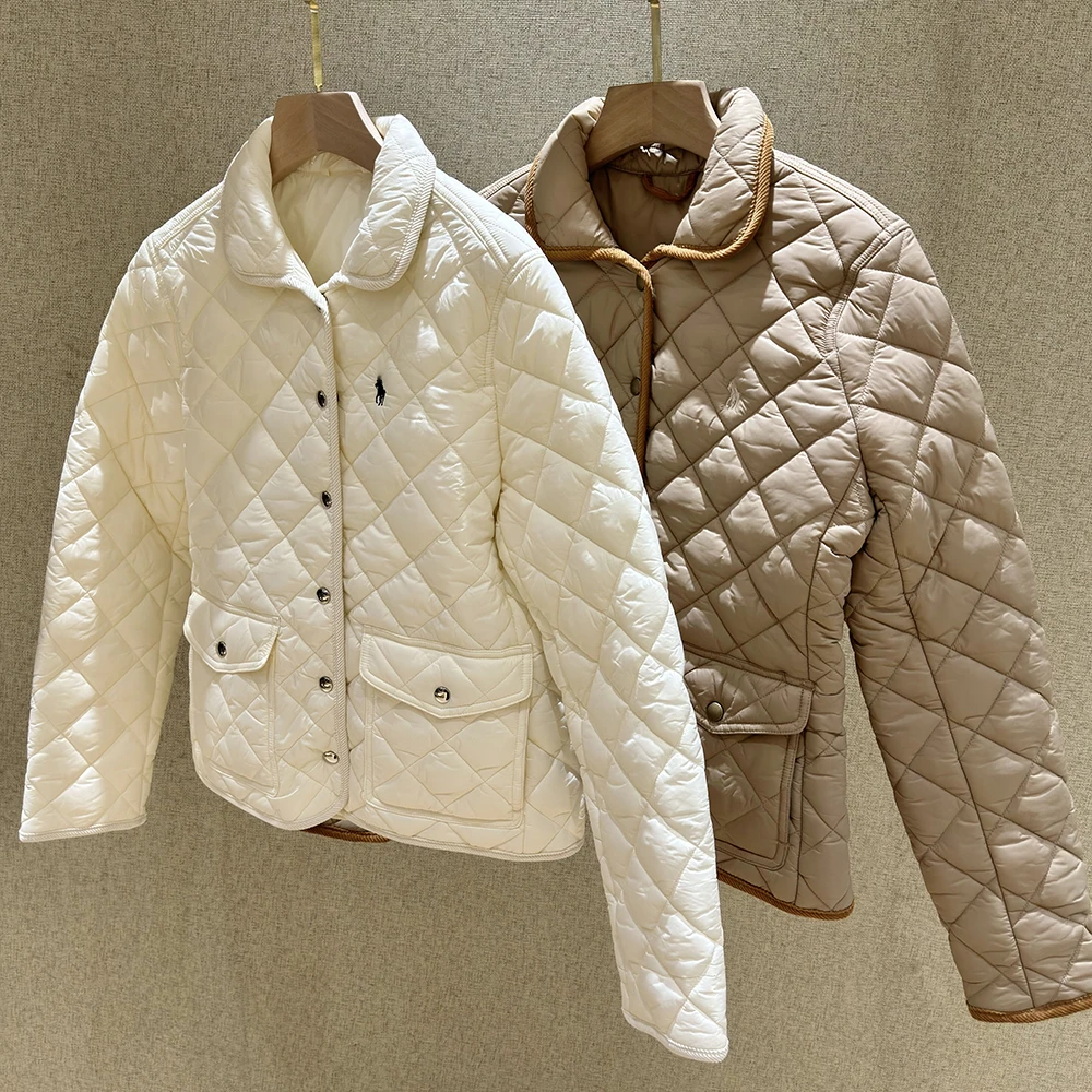 小马刺绣常规翻领菱格拼接宽松型修身棉服棉衣加厚宽松温婉风