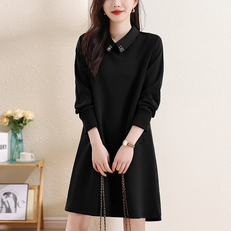 春季新款小香风长袖娃娃领宽松大码咖色黑色中长直筒裙时尚