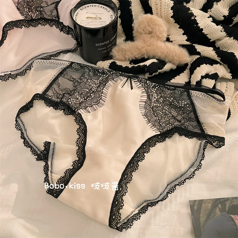 性感纯欲少女缎面内裤女士新款蕾丝中腰无痕夏季薄款冰丝抗菌三角