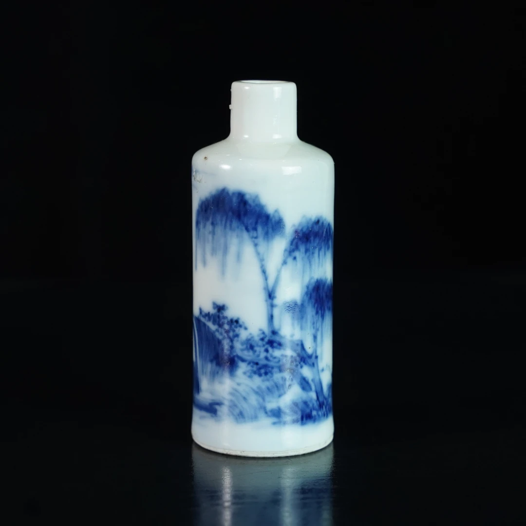 LQM250111007【十竹斋】清代青花山水人物鼻烟壶