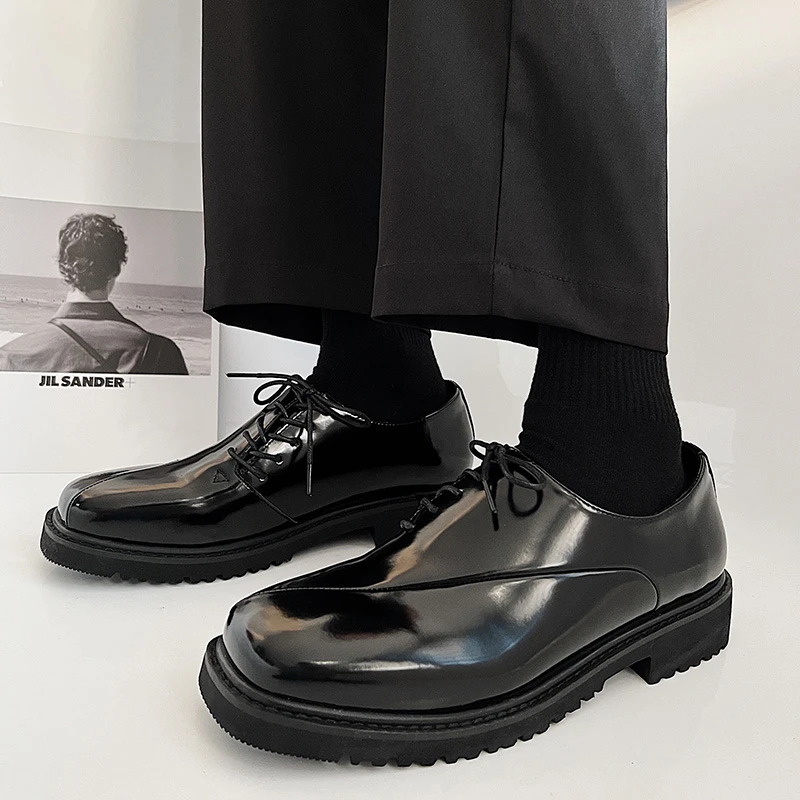 18860休闲皮鞋男士百搭厚底英伦风日系韩版系带学生黑色复古方头