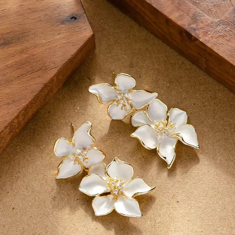 925银耳饰 法式超仙精致显脸小滴釉镶钻花卉耳环高级轻奢银针耳钉