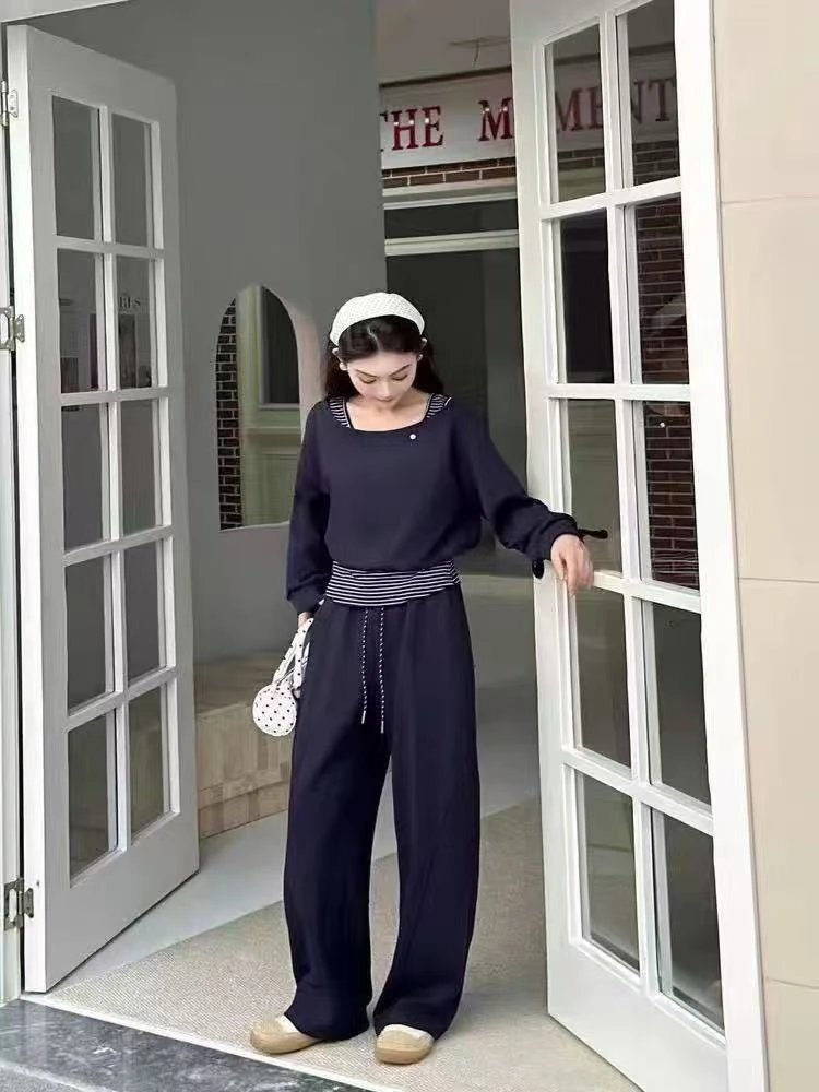时尚条纹露肩套装