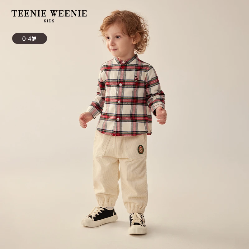TeenieWeenieKids小熊童装磨毛舒适格纹纽扣长袖衬衫T0YC241101B