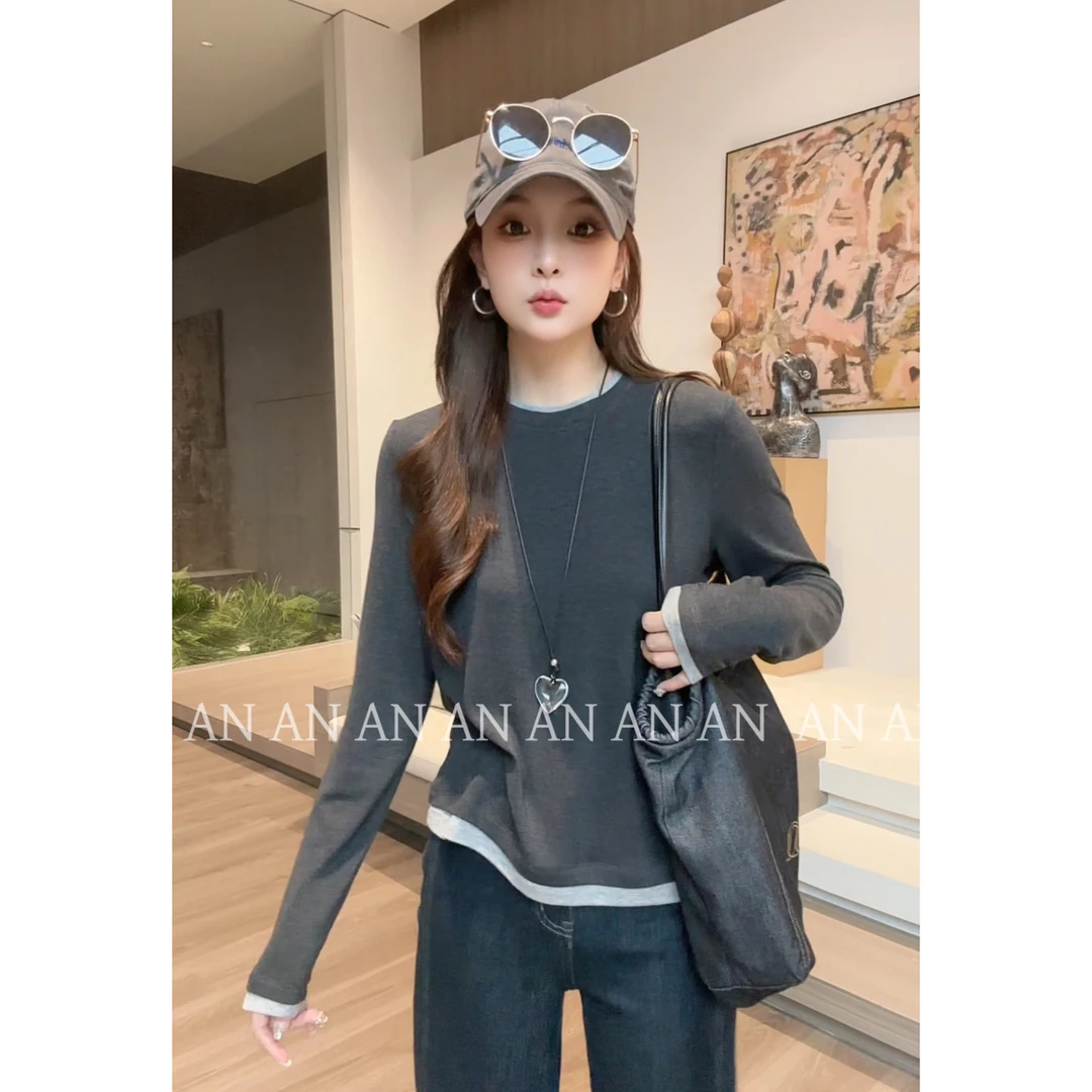 C07260早秋新款洋气显瘦套头基础款长袖撞色假两件打底衫T恤