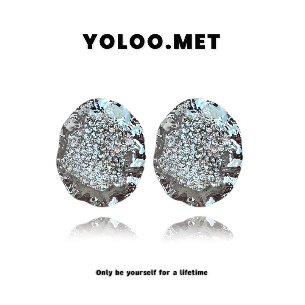 铜合金耳饰 【Yoloo.Met】高级感金属褶皱叶片镶钻小众耳环智性风