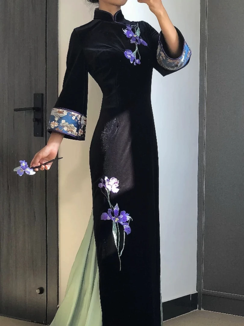 【兰妃娘】新中式高级刺绣丝绒旗袍连衣裙厚款提花七分袖旗袍连衣裙