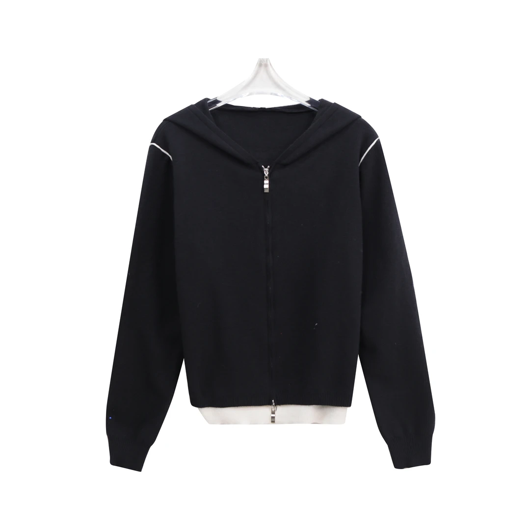 S连帽假两件宽松撞色明线装饰针织衫C11064